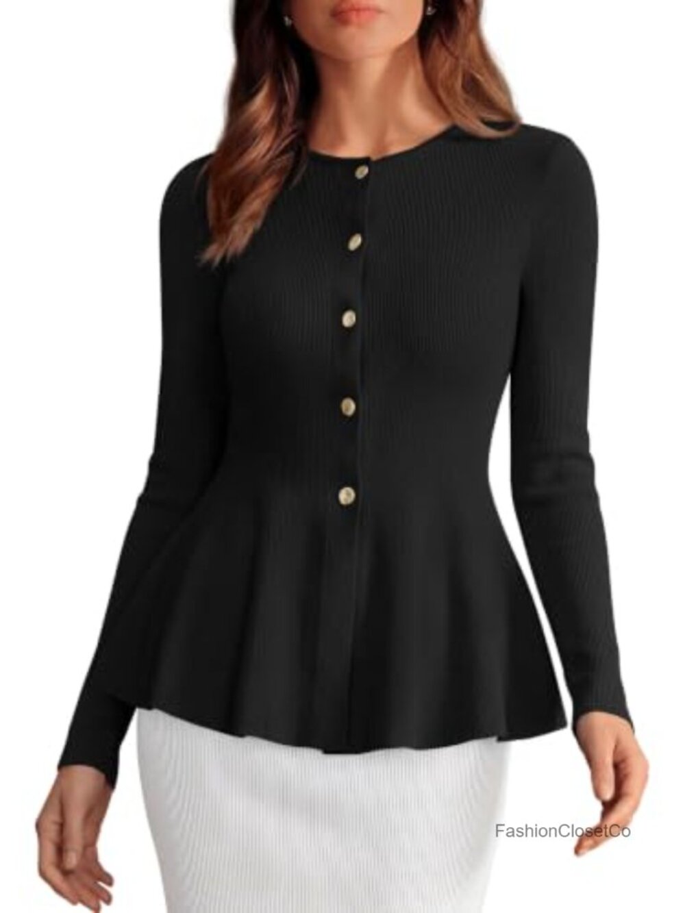 Women's Lightweight Ribbed Knit Button Front Cardigan Peplum Hem Long Sleeve